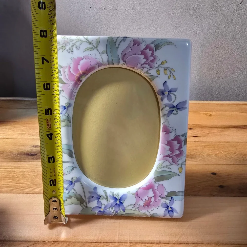 Vintage Ceramic Floral Oval Picture Frame Japan Pink Peony Purple Violet MCM
